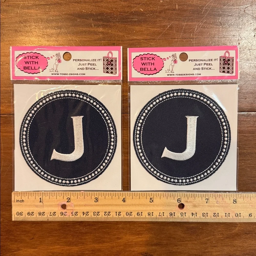NIP TOSS Designs Peel & Stick Embroidered J Initial Patch Bella Set 2 Blue White
